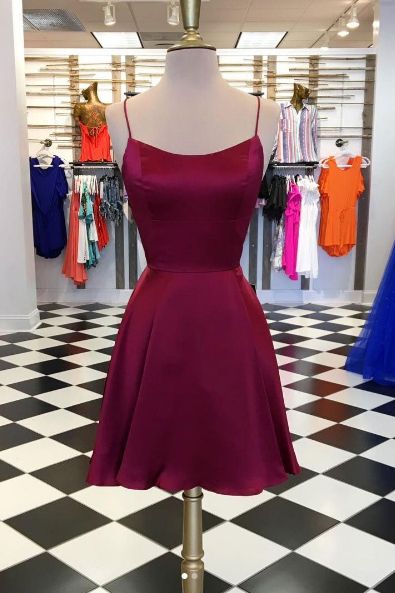 Burgundy satin short prom dress ...